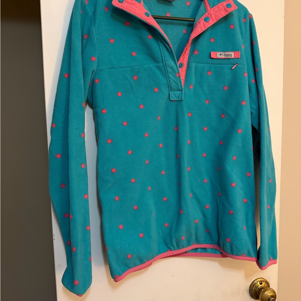 Columbia Teal and Pink Polka Dot Fleece Pullover